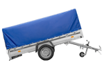 Einachsanhänger mit Aluminiumseitenwänden 264x150 Unitrailer Garden 265 KIPP ALU mit H-800 Rahmen und blauer Plane