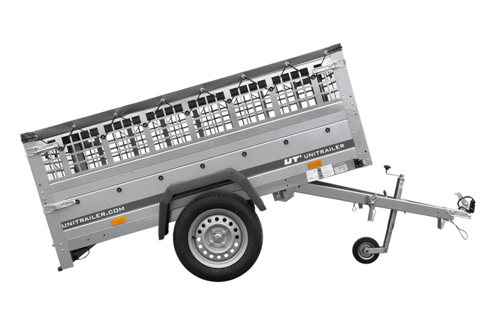 PKW-Anhänger 200x125 UNITRAILER GARDEN 201 KIPP mit Gitteraufsatz und grauer Flachplane