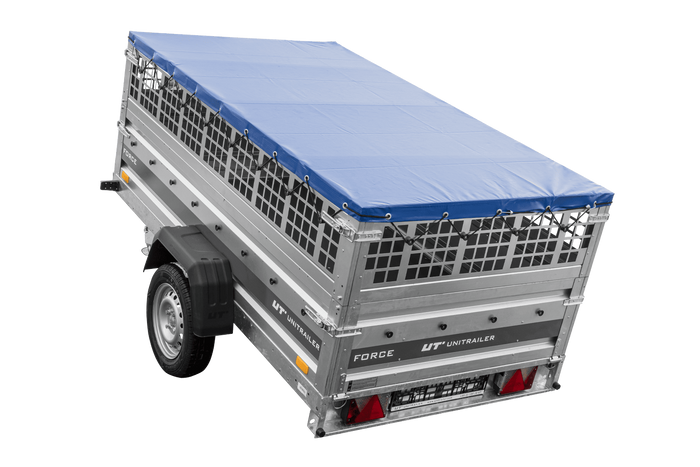 Einachsanhänger 230x125 UNITRAILER FORCE 230 KIPP mit Gitterseitenwänden, H-0-Rahmen und blauer Plane