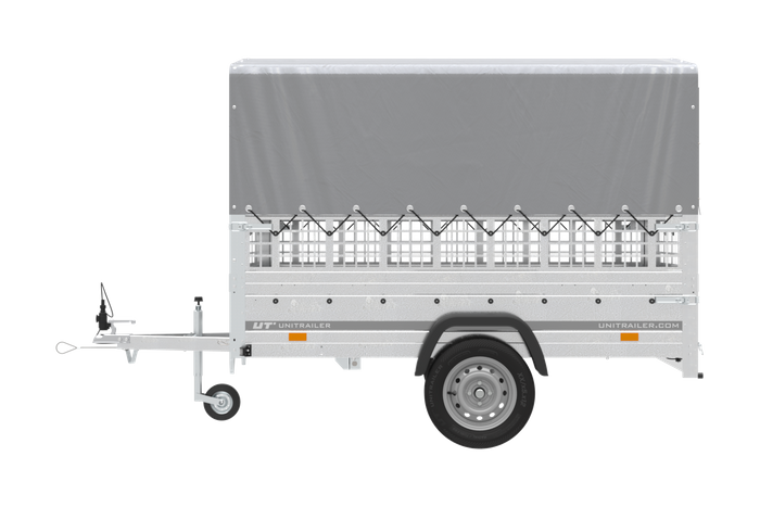 Planenanhänger 230x125 Garden Trailer 230 KIPP mit Laubgitteraufsatz, grauer Hochplane, Hochspriegel und Stützrad