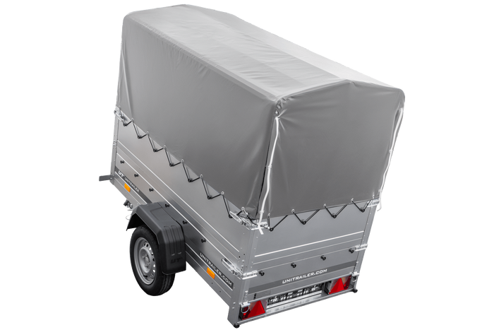 Leichter Anhänger 200x106 UNITRAILER GARDEN 200 KIPP mit BIS-Seitenwänden, H-800-Rahmen und grauer Plane