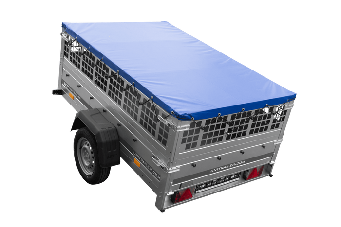 PKW-Anhänger 200x125 UNITRAILER GARDEN 201 KIPP mit Gitteraufsatz, blauer Flachplane und Flachplanenträger