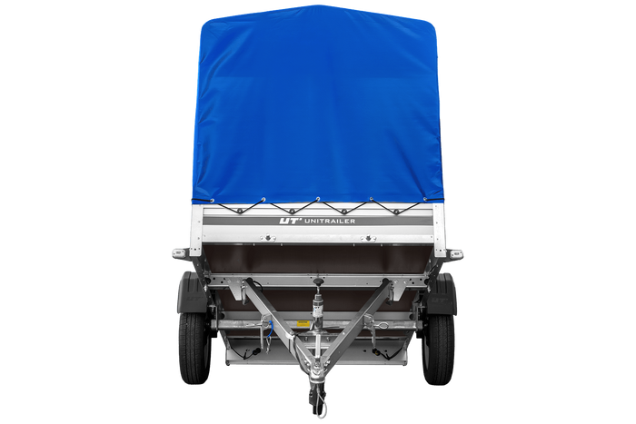 Autotransportanhänger mit Aluminiumwänden 230x125 Unitrailer Garden 230 KIPP ALU mit H1100-Rahmen und blauer Plane