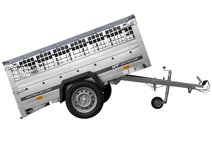 PKW-Anhänger auf Federn 200x125 UNITRAILER GARDEN 201/R KIPP mit Gitterwänden, H-0-Rahmen und grauer Plane