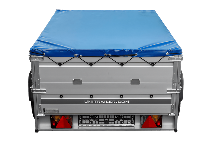 Autotransportanhänger mit Aluminiumwänden 200x125 Unitrailer Garden 201 KIPP ALU mit BIS-Seitenwänden, H-0-Rahmen und blauer Plane