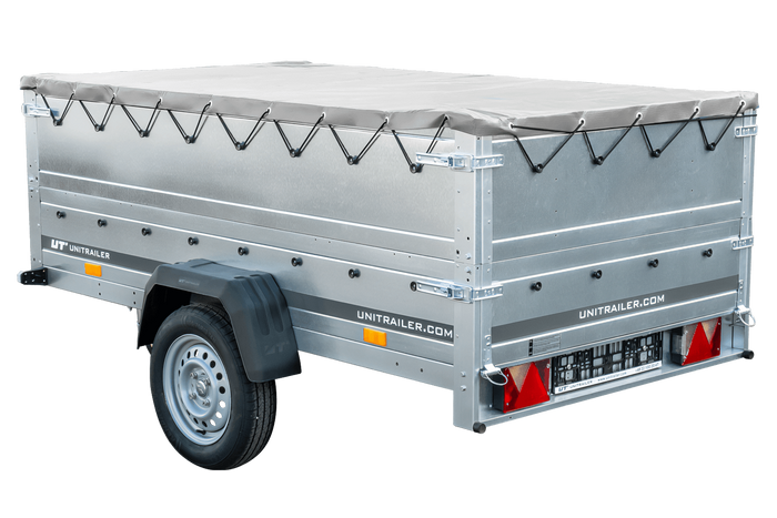 PKW-Anhänger 230x125 UNITRAILER GARDEN 230 KIPP mit Zusatzbordwänden und grauer Plane