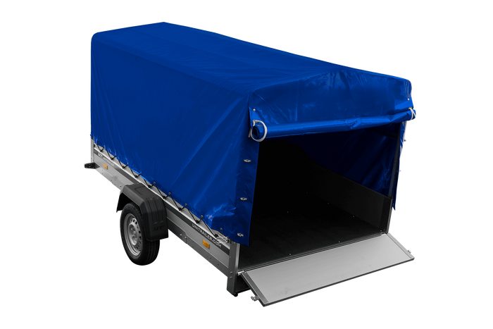 Autoanhänger mit Aluminiumseitenwänden 264x150 Unitrailer Garden 265 KIPP ALU mit H-1100 Rahmen und blauer Plane