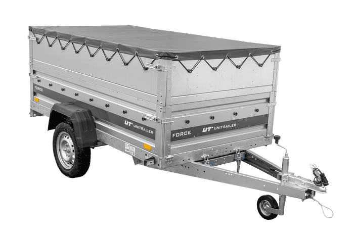 Leichter Anhänger 230x125 UNITRAILER FORCE 230 KIPP mit BIS-Seitenwänden, H-0-Rahmen und grauer Plane