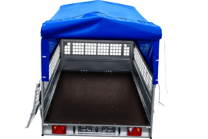 Autotransportanhänger auf Blattfedern 264x150 UNITRAILER GARDEN 265/R KIPP mit Gitterwänden, H-800 Rahmen und blauer Plane