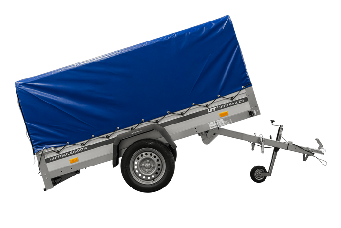 Einachsanhänger mit Aluminiumseitenwänden 230x125 Unitrailer Garden 230 KIPP ALU mit H-800 Rahmen und blauer Plane