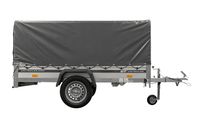 Einachsanhänger mit Aluminiumseitenwänden 230x125 Unitrailer Garden 230 KIPP ALU mit H-800 Rahmen und grauer Plane