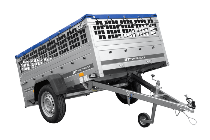 PKW-Anhänger 200x125 UNITRAILER GARDEN 201 KIPP mit Gitteraufsatz, blauer Flachplane und Flachplanenträger