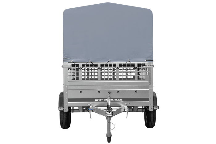Einachsanhänger 200x125 UNITRAILER GARDEN 201 KIPP mit Gitterseitenwänden, H-800 Rahmen und grauer Plane