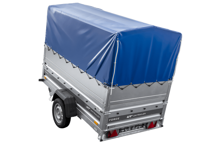 Einachsiger Anhänger auf Blattfedern 230x125 UNITRAILER FORCE 230/R KIPP mit BIS-Seitenwänden, H-800-Rahmen und blauer Plane