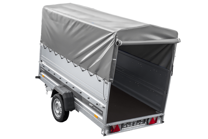 Leichter Anhänger auf Blattfedern 264x125 UNITRAILER FORCE 264/R KIPP mit BIS-Seitenwänden, H-800-Rahmen und grauer Plane