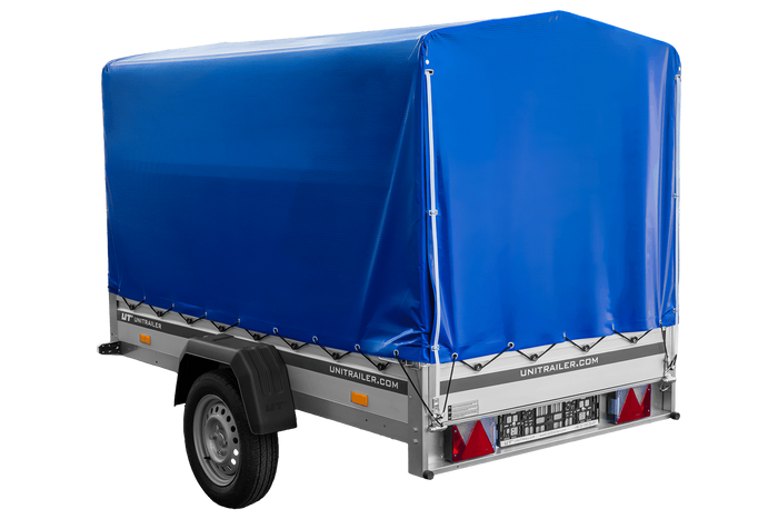 Autotransportanhänger mit Aluminiumwänden 230x125 Unitrailer Garden 230 KIPP ALU mit H1100-Rahmen und blauer Plane