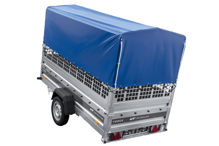 Autotransportanhänger auf Federn 264x125 UNITRAILER FORCE 264/R KIPP mit Gitterwänden, H-800 Rahmen und blauer Plane