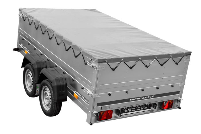 Zweiachsiger Anhänger 264x150 UNITRAILER GARDEN 265/2 KIPP mit BIS-Seitenwänden, H-0-Rahmen und grauer Plane