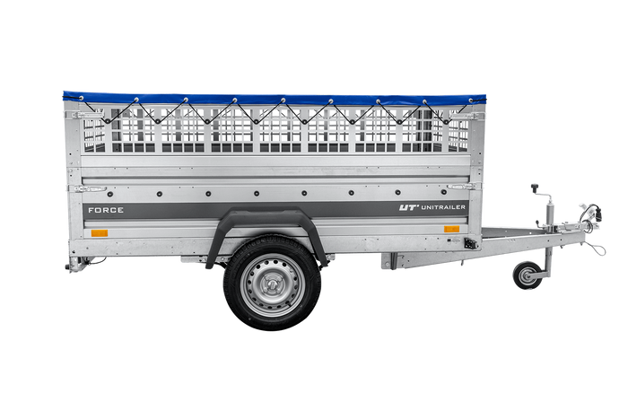 Leichter Anhänger auf Federn 230x125 UNITRAILER FORCE 230/R KIPP mit Gitterwänden, H-0-Rahmen und blauer Plane