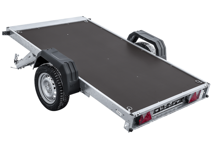 Autotransportanhänger auf Federn 230x125 UNITRAILER FORCE 230/R KIPP mit Gitterwänden, H-800 Rahmen und blauer Plane