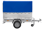Gartenanhänger 200 Kipp mit Stützrad, zusätzlichen Bordwänden, H-800-Rahmen und blauer Plane