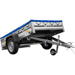 Einachsiger Anhänger auf Blattfedern mit Aluminiumseitenwänden 200x125 Unitrailer Garden 201/R KIPP ALU mit H-0-Rahmen und blauer Plane