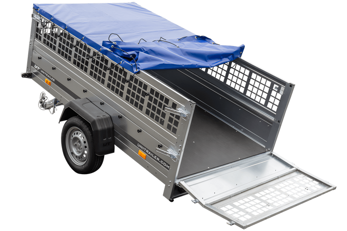 PKW-Anhänger 230x125 UNITRAILER GARDEN 230 KIPP mit Gitterbordwänden und blauer Plane
