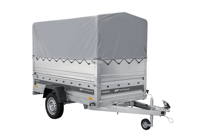 Autotransportanhänger 230x125 UNITRAILER FORCE 230 KIPP mit BIS-Seitenwänden, H-800-Rahmen und grauer Plane