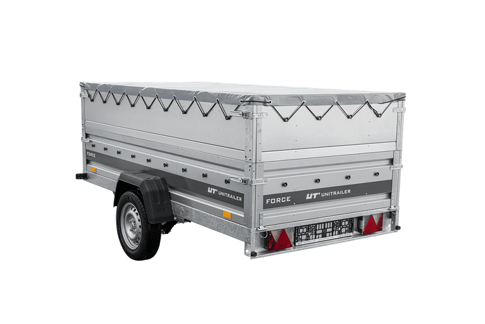 Einachsiger Anhänger auf Blattfedern 264x125 UNITRAILER FORCE 264/R KIPP mit BIS-Seitenwänden, H-0-Rahmen und grauer Plane