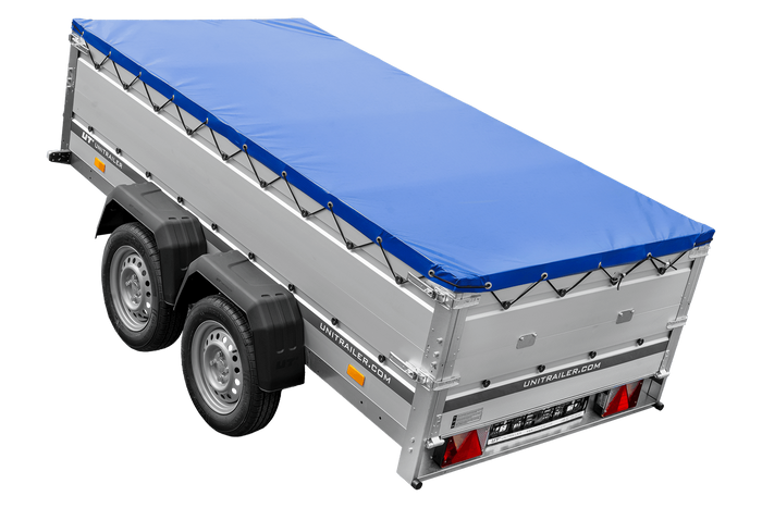 Zweiachsiger Anhänger mit Aluminiumseitenwänden 264x125 Unitrailer Garden 264/2 KIPP ALU mit BIS-Seitenwänden, H-0-Rahmen und blauer Plane