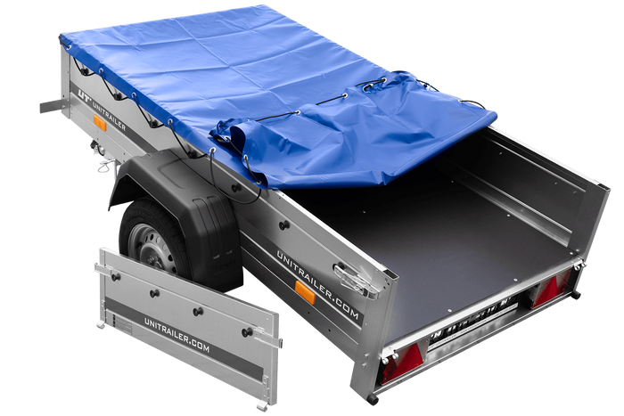Autotransportanhänger 200x106 UNITRAILER GARDEN 200 KIPP mit blauer Abdeckung