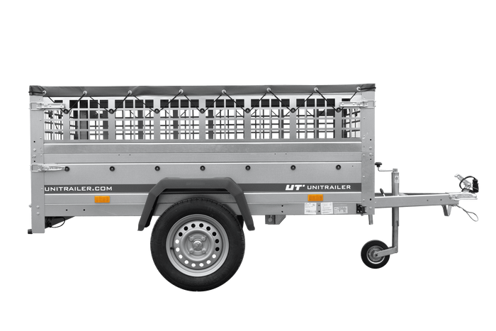 PKW-Anhänger 200x125 UNITRAILER GARDEN 201 KIPP mit Gitteraufsatz und grauer Flachplane