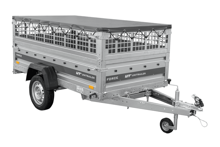 Einachsanhänger 230x125 UNITRAILER FORCE 230 KIPP mit Gitterwänden, H-0-Rahmen und grauer Plane