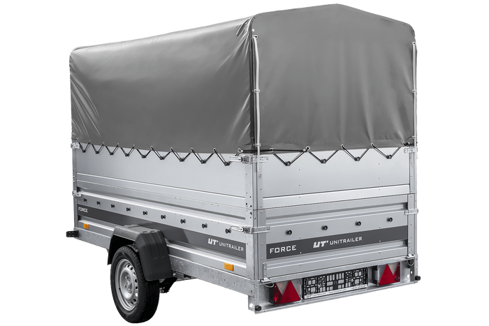 Leichter Anhänger auf Blattfedern 264x125 UNITRAILER FORCE 264/R KIPP mit BIS-Seitenwänden, H-800-Rahmen und grauer Plane