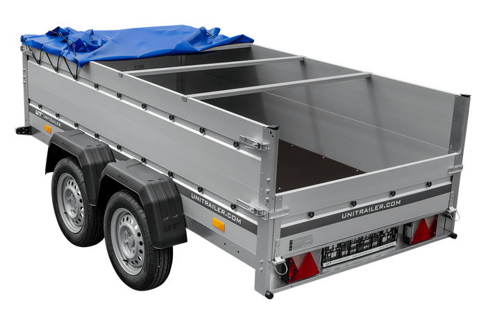 Zweiachsiger Anhänger mit Aluminiumseitenwänden 264x125 Unitrailer Garden 264/2 KIPP ALU mit BIS-Seitenwänden, H-0-Rahmen und blauer Plane