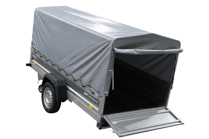 Einachsiger Federanhänger 264x125 UNITRAILER FORCE 264/R KIPP mit H-800 Rahmen und grauer Plane