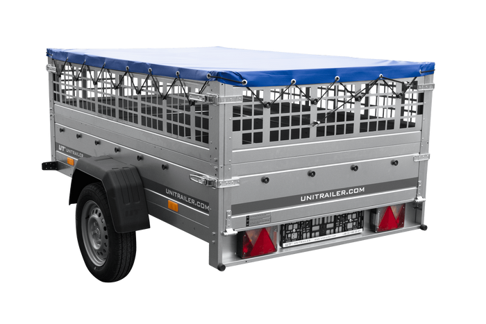Einachsanhänger 200x125 UNITRAILER GARDEN 201 KIPP mit Gitterseitenwänden und blauer Abdeckung