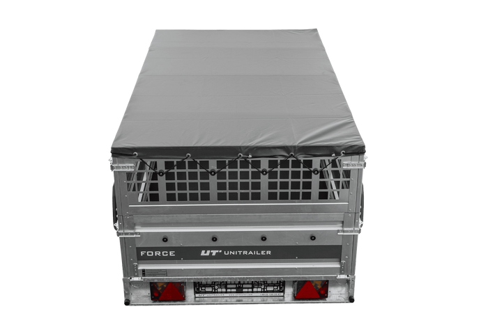 Einachsanhänger 230x125 UNITRAILER FORCE 230 KIPP mit Gitterwänden, H-0-Rahmen und grauer Plane