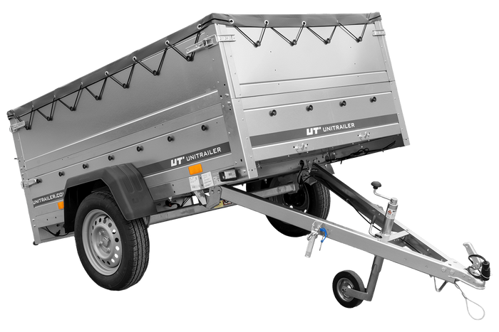 PKW-Anhänger 200x125 UNITRAILER GARDEN 201 KIPP mit Bordwandaufsatz, grauer Flachplane und Flachplanenträger