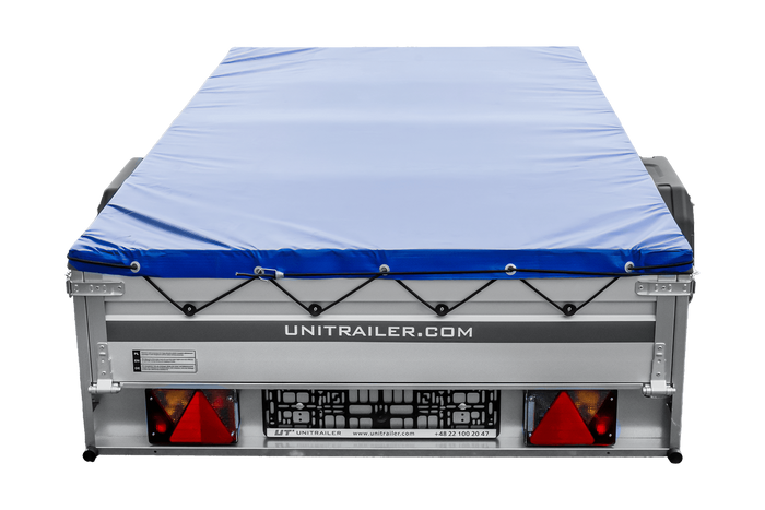 Autotransportanhänger mit Aluminiumseitenwänden 264x125 Unitrailer Garden 264 KIPP ALU mit H-0-Rahmen und blauer Plane
