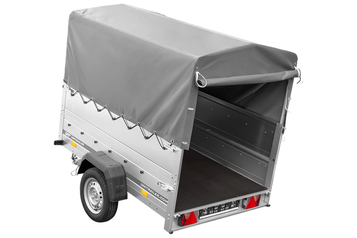 Autotransportanhänger 200x125 UNITRAILER GARDEN 201 KIPP mit BIS-Seitenwänden, H-800-Rahmen und grauer Plane