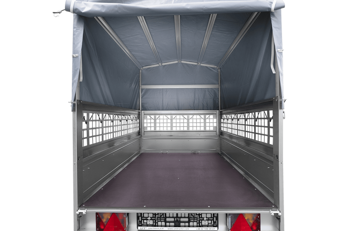 Einachsanhänger 200x125 UNITRAILER GARDEN 201 KIPP mit Gitterseitenwänden, H-800 Rahmen und grauer Plane