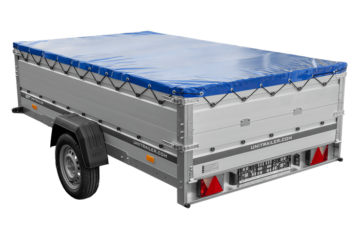 Einachsanhänger mit Aluminiumseitenwänden 264x150 Unitrailer Garden 265 KIPP ALU mit BIS-Seitenwänden, H-0-Rahmen und blauer Plane