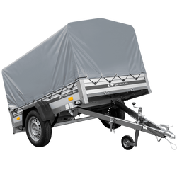 Autotransportanhänger auf Federn mit Aluminiumseitenwänden 200x125 Unitrailer Garden 201/R KIPP ALU mit H-800 Rahmen und grauer Plane