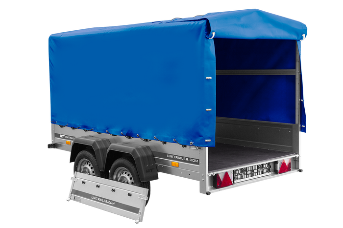 Przyczepka dwuosiowa 264x125 UNITRAILER GARDEN 264/2 KIPP ze stelażem H-1100 i plandeką niebieską
