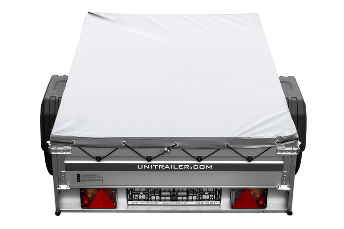 Einachsiger Anhänger auf Blattfedern mit Aluminiumseitenwänden 200x125 Unitrailer Garden 201/R KIPP ALU mit H-0-Rahmen und grauer Plane