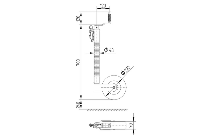 KNOTT TK48 Stützrad, Wellrohr, 300 kg, 48 mm, 700–940 mm