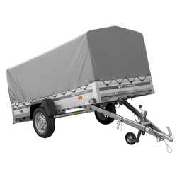 Einachsanhänger mit Aluminiumseitenwänden 264x125 Unitrailer Garden 264 KIPP ALU mit H-800 Rahmen und grauer Plane