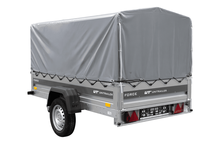 Einachsanhänger 230x125 UNITRAILER FORCE 230 KIPP mit H-800 Spriegel und grauer Hochplane