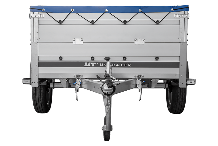 Autotransportanhänger mit Aluminiumwänden 200x125 Unitrailer Garden 201 KIPP ALU mit BIS-Seitenwänden, H-0-Rahmen und blauer Plane